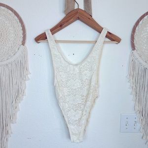 Hot as hell HAH cream stretchy lace high thigh low back bodysuit medium